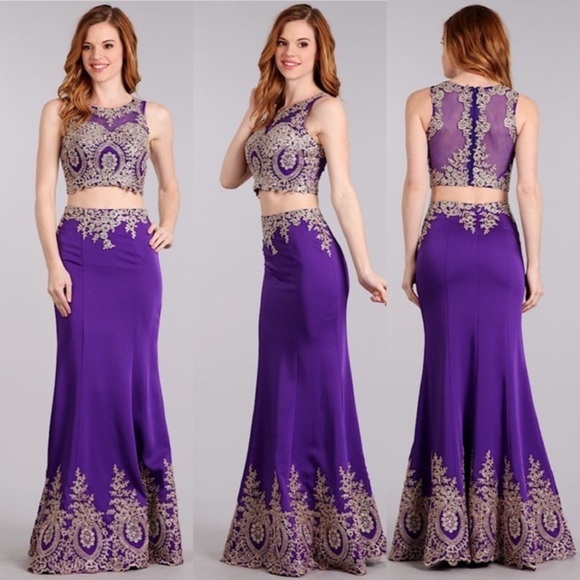 2 pc Purple Gold Sexy Bodycon Dress - Picture 1 of 7